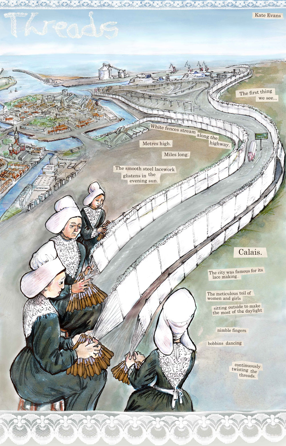 Reproduced by kind permission of the cartoonist Kate Evans from http://www.cartoonkate.co.uk/threads-the-calais-cartoon/