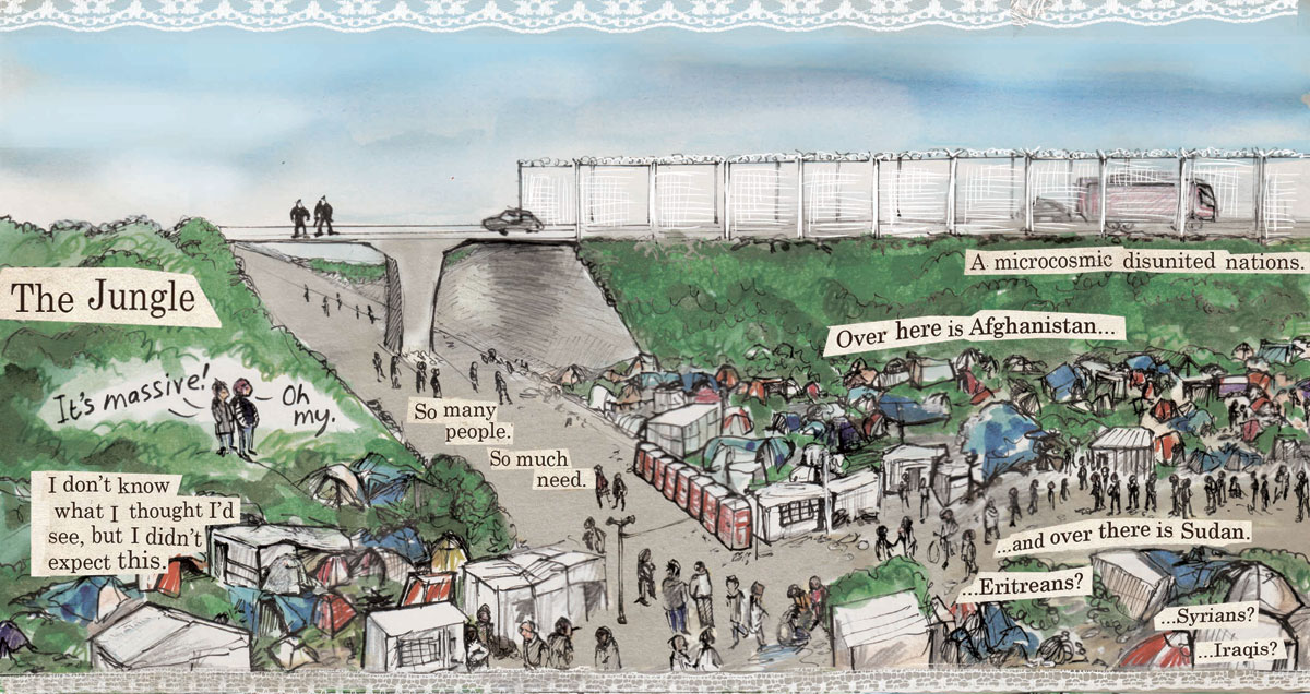 Reproduced by kind permission from Kate Evans http://www.cartoonkate.co.uk/threads-the-calais-cartoon/